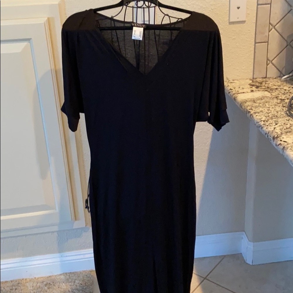 Black T-shirt style summer dress with slit